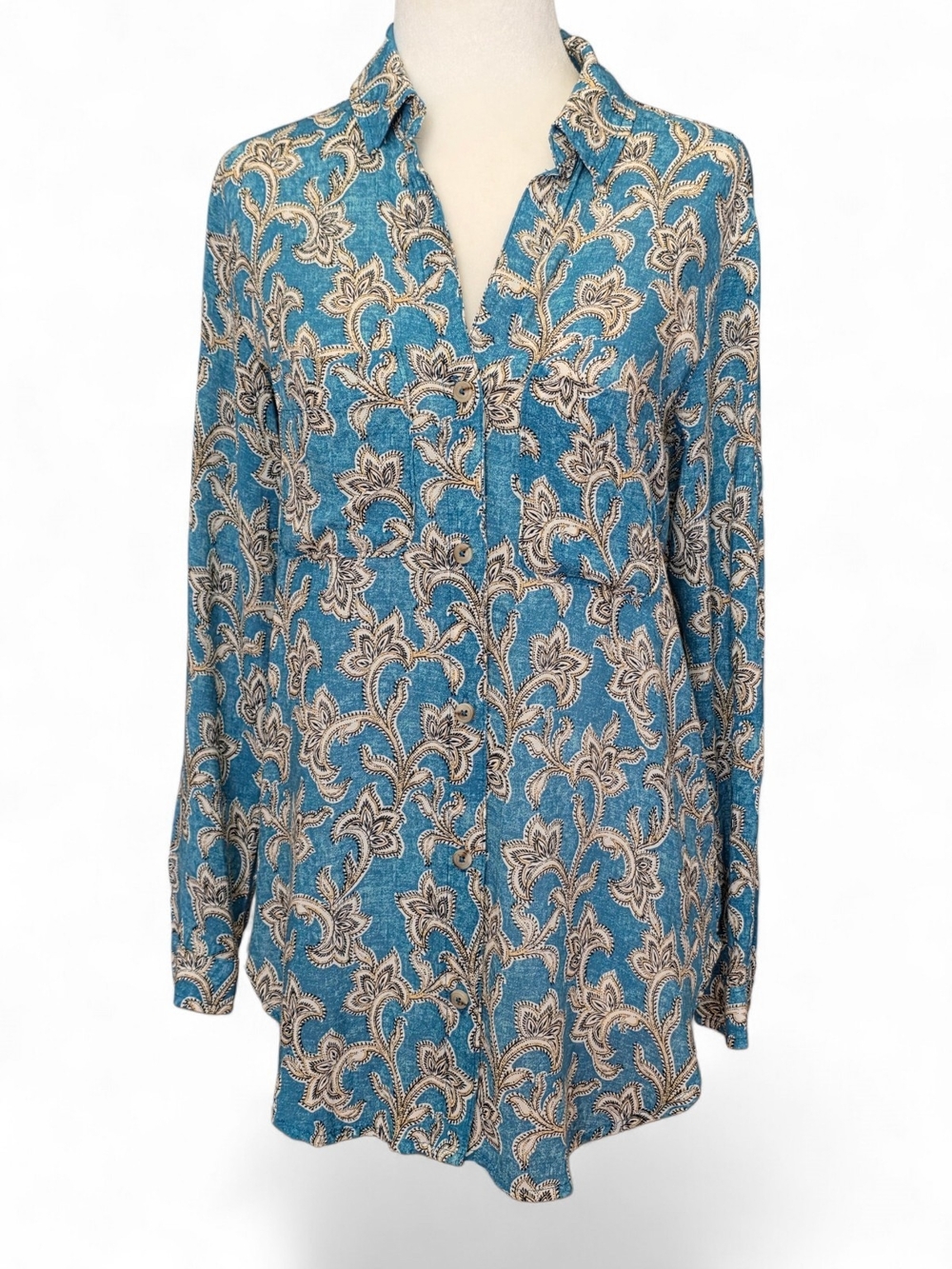 Pilcro Teal and Cream Paisley Button-Down Blouse